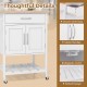 Rolling kitchen island cart in white with rubber wood countertop, drawer, and towel rack for versatile storage.