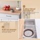Rubber wood countertop of the rolling kitchen island cart with pull-out drawer, ideal for food preparation and storage.