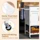 Rolling kitchen island cart in white with rubber wood countertop, towel rack, and smooth rolling casters for easy.