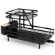 2-tier collapsible dish rack in black with removable drip tray, designed for efficient dish drying and space-saving.