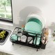 2-tier collapsible dish rack in black with removable drip tray, holding plates and bowls for efficient kitchen.