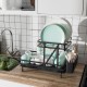 Collapsible black dish rack with removable drip tray, holding plates and bowls, ideal for kitchen countertop.