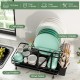 2-tier collapsible dish rack in black holding plates, bowls, and cutlery with removable drip tray for efficient drying.