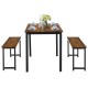 3-piece dining table set with 2 benches in brown, perfect for small spaces in kitchens or dining rooms.