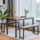 Dining table set featuring a brown tabletop and black metal frame, includes two benches, ideal for small spaces.