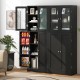 Tall black kitchen pantry cabinet with dual tempered glass doors and shelves, ideal for organized storage in any room.