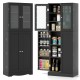 Tall black kitchen pantry cabinet with dual tempered glass doors and shelves, offering ample storage for various items.