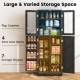 Tall kitchen pantry cabinet in black with dual tempered glass doors, featuring 7 shelves and 4 door racks for ample.
