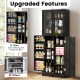Tall kitchen pantry cabinet in black with dual tempered glass doors, featuring spacious storage and anti-toppling.