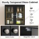 Tall black kitchen pantry cabinet with dual tempered glass doors and metal knobs, ideal for stylish storage in any room.