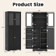 Tall kitchen pantry cabinet in black with dual tempered glass doors, showcasing dimensions and storage features.