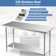 Close-up of the smooth 430 stainless steel surface of the 24 x 60 inches kitchen prep work table for easy maintenance.