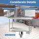 Stainless steel kitchen prep table with adjustable undershelf and footpads, featuring a smooth waterproof surface.