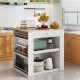 Modern kitchen island with rubber wood countertop, featuring storage drawers and spice racks, perfect for food.