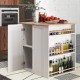 Modern kitchen island with rubber wood countertop, featuring storage cabinet, shelves, and spice racks for organized.
