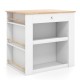 Modern kitchen island with rubber wood countertop, featuring a drawer, open shelves, and spice racks for organized.