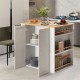 Modern kitchen island with rubber wood countertop, featuring storage cabinet, open shelves, and spice racks for.