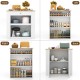 Modern kitchen island in white with rubber wood countertop, featuring storage drawer, shelves, and spice racks for.