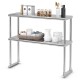 Stainless steel overshelf with adjustable lower shelf, featuring kitchen essentials for restaurant use.