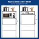 Stainless steel overshelf with adjustable lower shelf, showcasing height options of 10" and 15" for kitchen.