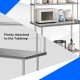 Stainless steel overshelf with adjustable lower shelf, showcasing firm attachment to the tabletop for kitchen stability.
