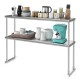 Stainless steel overshelf with adjustable lower shelf, featuring kitchenware and decor for organized storage.