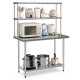 Stainless steel overshelf with adjustable lower shelf, featuring a microwave and kitchenware for efficient home storage.