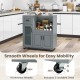 Rolling kitchen island in gray with wheels, drawer, and glass door cabinet for versatile storage and mobility.