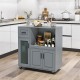 Gray rolling kitchen island with wheels, featuring an open shelf and frosted glass door for stylish and functional.