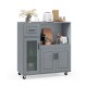Rolling kitchen island in gray with wheels, drawer, and glass door cabinet for organized culinary space and easy.