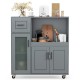 Rolling kitchen island in gray with wheels, glass door cabinet, and spacious tabletop for organized culinary storage.
