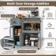 Rolling kitchen island in gray with spacious countertop, drawer, and frosted glass door cabinet for organized storage.