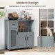 Rolling kitchen island in gray with wheels, drawer, and frosted glass door, perfect for organized culinary spaces.