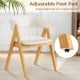 Soft padded accent armchair with adjustable foot pad in natural wood and beige upholstery, ideal for dining rooms.