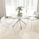 Modern white dining table with two chairs, featuring a sturdy metal frame and tilted backrest for comfort.