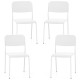 Set of 4 modern white dining chairs with tilted backrest and sturdy metal legs, ideal for indoor and outdoor use.