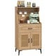 Coffee bar cabinet in oak with rattan doors, adjustable shelves, and pegboard for kitchen organization and storage.
