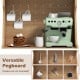 Coffee bar cabinet with pegboard, oak finish, adjustable shelves, and rattan doors for stylish kitchen storage.