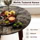 Round dining table with marble-textured veneer, brown finish, and rubber wood legs, perfect for dining and workspace.