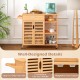 Kitchen island cart on wheels with sturdy bamboo frame, featuring a spacious top, drawer, and magnetic door catch for.