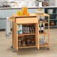 Bamboo kitchen island cart with wheels, spacious top, drawer, and shelves for versatile storage in any room.