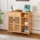 Bamboo kitchen island cart on wheels showcasing a towel rack, metal handles, and a lockable design for added safety.