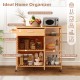 Kitchen island cart on wheels with bamboo frame, featuring a spacious countertop, large drawer, and 3-tier side shelf.