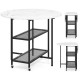Folding round dining table with faux marble top, lockable wheels, and two mesh shelves for compact spaces.