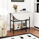 Folding round dining table with faux marble top, lockable wheels, and two open shelves for compact spaces.