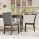 Set of 2 gray upholstered dining chairs with rubber wood legs and high backrest for comfortable seating in the kitchen.