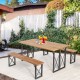 Outdoor patio dining table set with acacia wood top and metal frame, featuring two benches and a 2-inch umbrella hole.