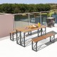 Outdoor patio dining table set with sturdy metal frame and smooth acacia wood top, perfect for outdoor gatherings.