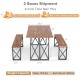 6-person outdoor patio dining table set with acacia wood top, metal frame, and 2 benches, featuring a 2" umbrella hole.
