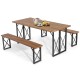 Outdoor patio dining table set with acacia wood top and metal frame, includes two benches for six people.